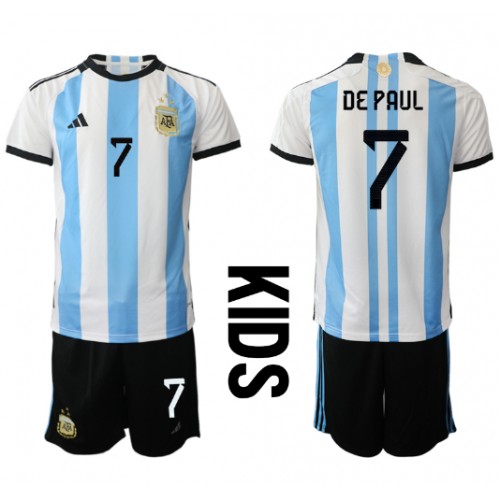 Fotballdrakt Barn Argentina Rodrigo de Paul #7 Hjemmedraktsett VM 2022 Kortermet (+ Korte bukser)